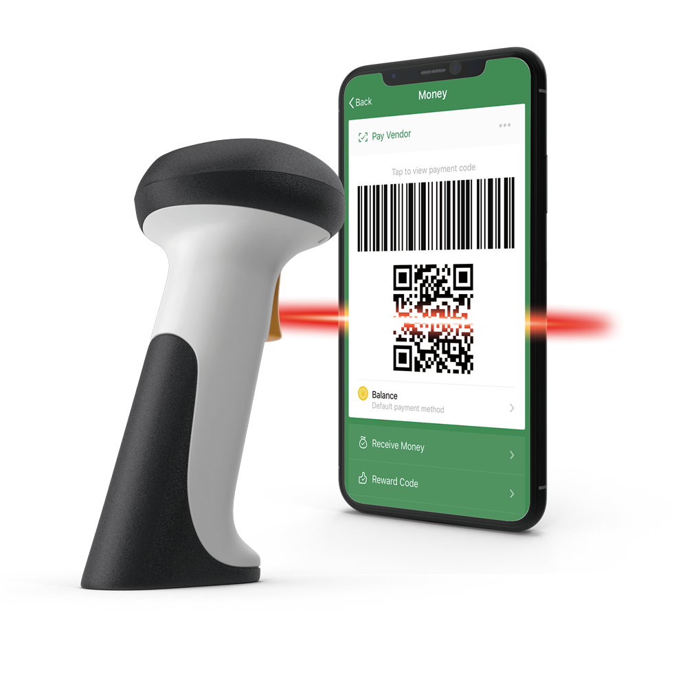 a mobile phone with qr-code scanned by a barcode scanner